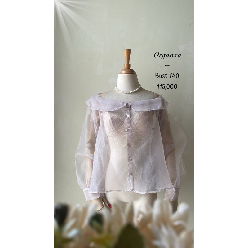 Jual Blouse Atasan Top Organza Kaca Sabrina Lengan Balon Puffy Kerah Collar Off Shoulder Panjang