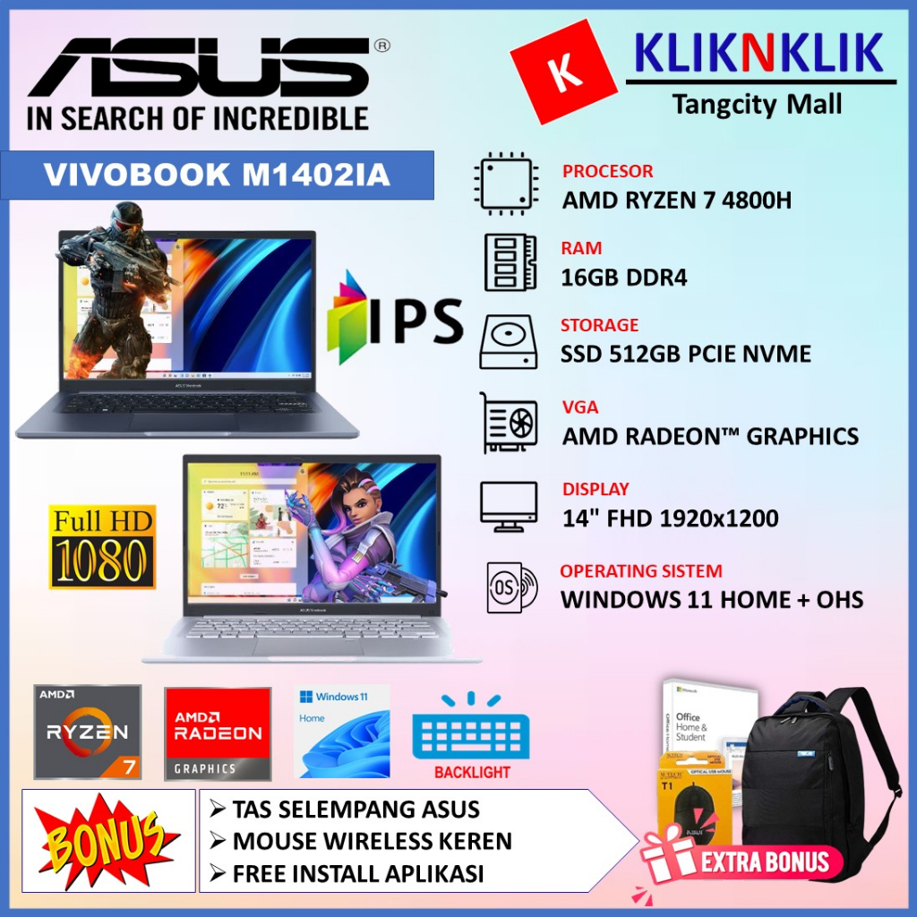 Jual Laptop Gaming ASUS VIVOBOOK 14 M1402IA AMD Ryzen 7 4800H 16GB ...