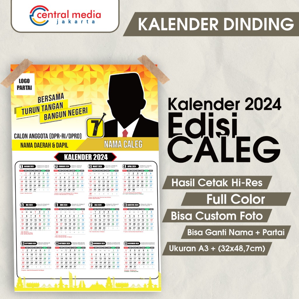 Jual Cetak Kalender Dinding 2024 Caleg Poster 1 Lembar 12 Bulan Custom ...