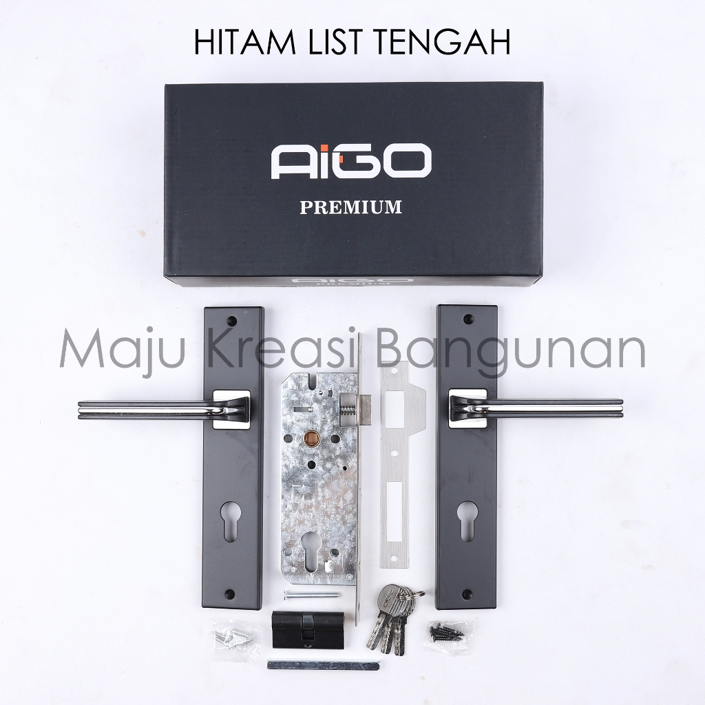 Handle Pintu Ukuran Besar Set AIGO Hitam List Silver Kunci Rumah Anak Gagang Handel Granat