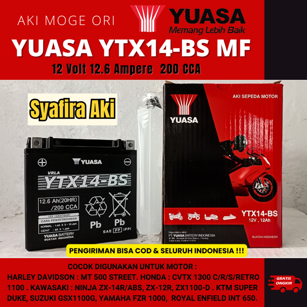 Jual AKI MOTOR HONDA SHADOW,KAWASAKI NINJA ZX-12R YUASA YTX14BS