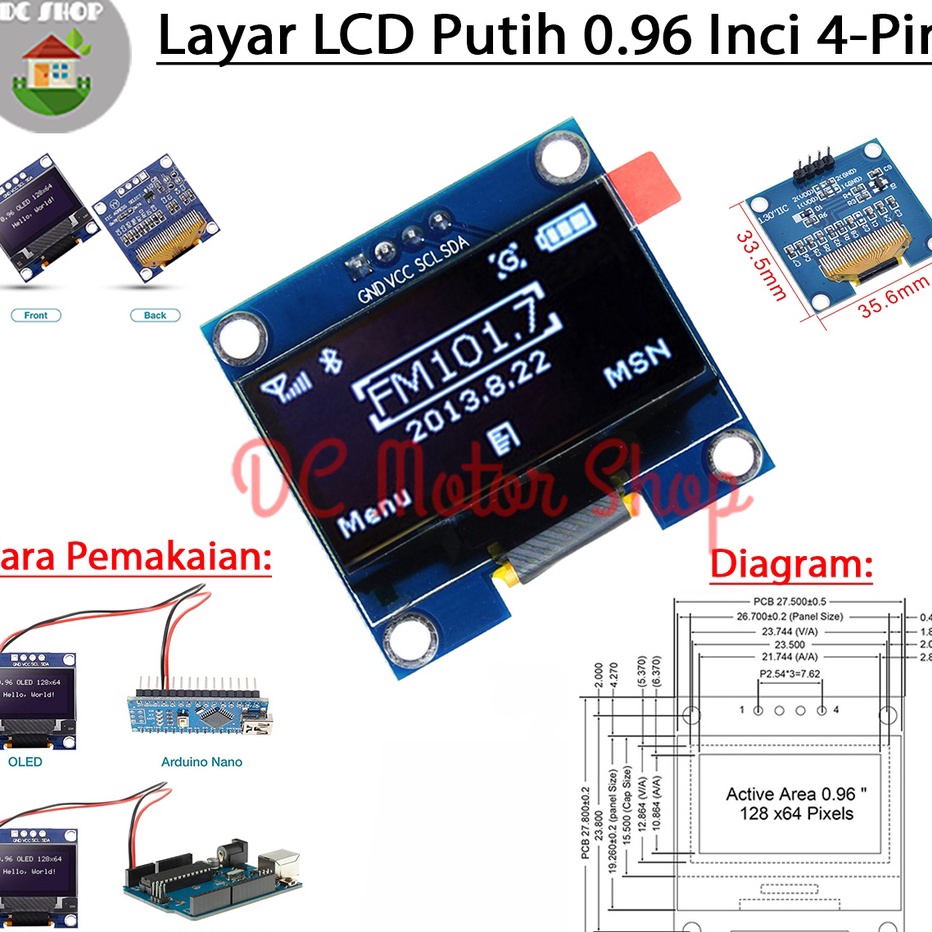Jual Ready OLED WHITE PUTIH 0.96 INCH I2C IIC 128X64 DISPLAY MODULE LCD ...