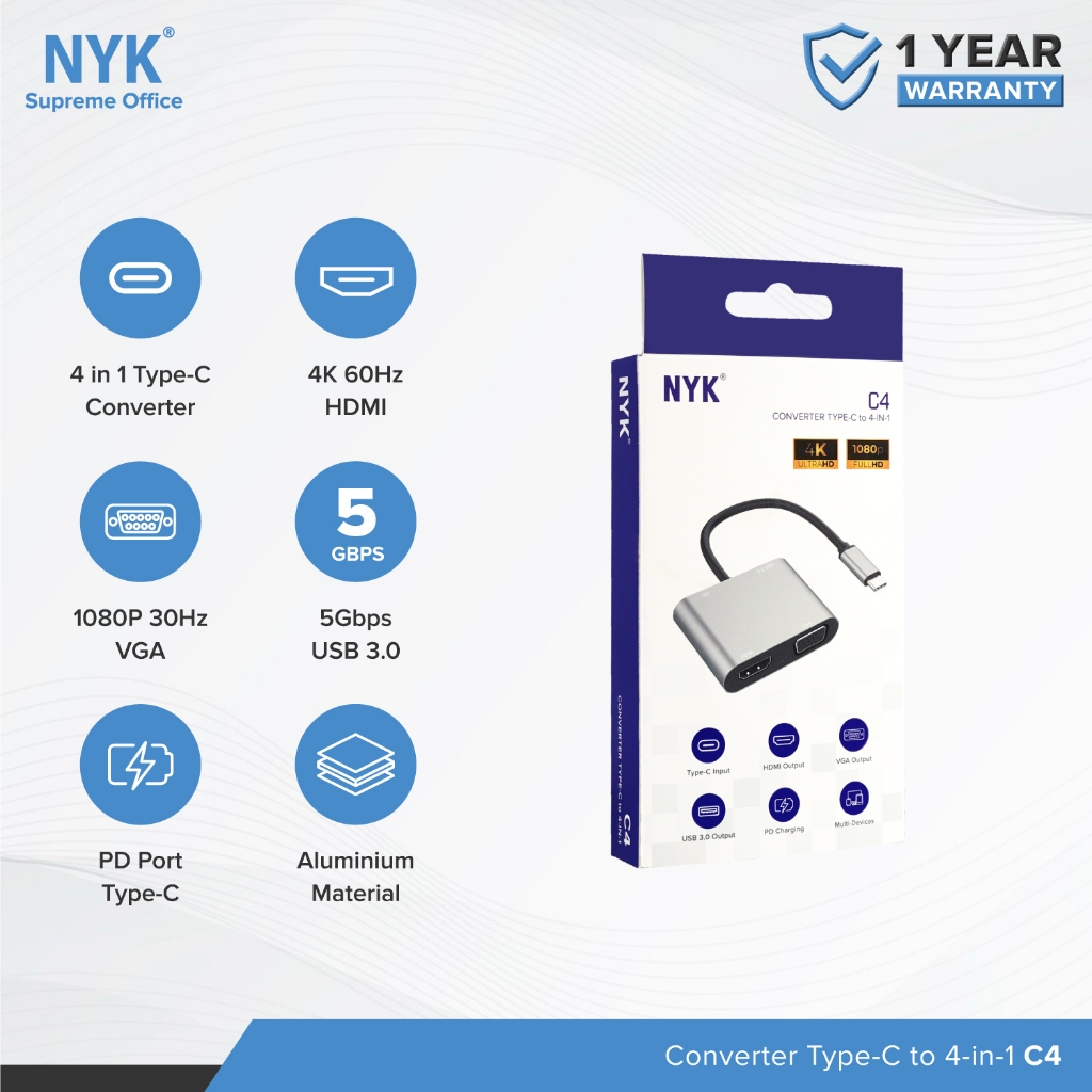 NYK Converter 4 in 1 USB Type C to 4K USB HUB 3.0 HDTV VGA Type C COD HUB bergaransi Docking Station Data transfer Mobile phone macbook android iphone (7)