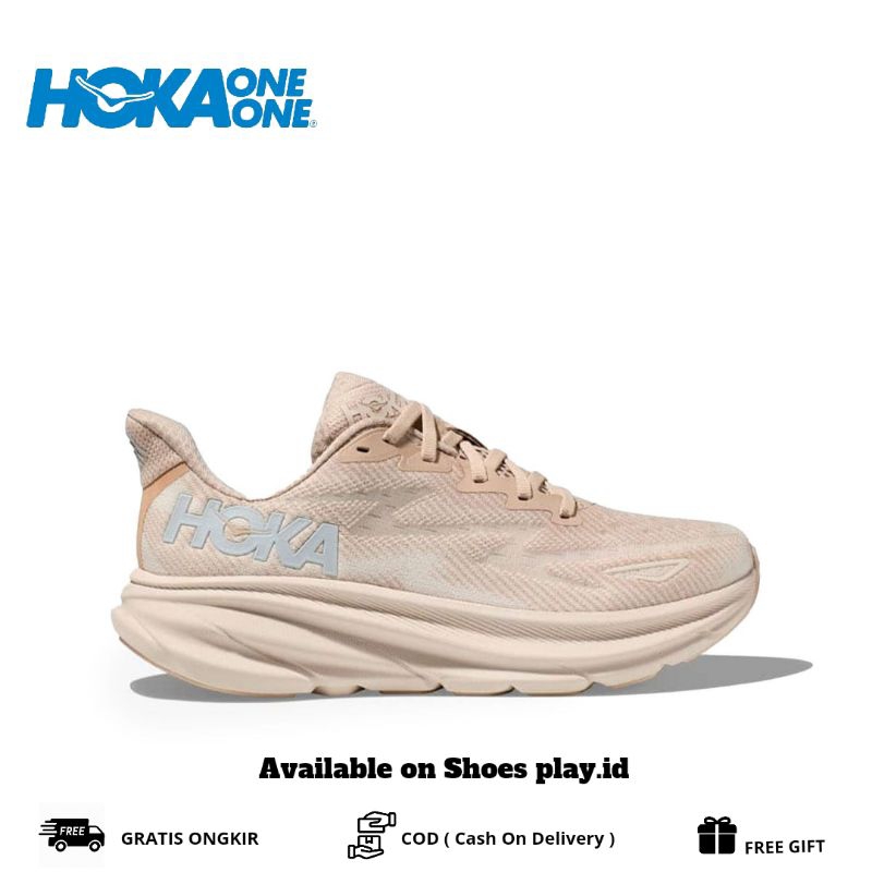 Jual HOKA CLIFTON 9 WOMENS ROAD RUNNING SHOES SHIFTING SAND / EGGNOG