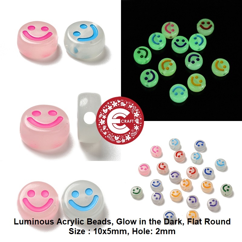 Luminous Acrylic Glow in the Dark 10x5mm Smiley Face Beads