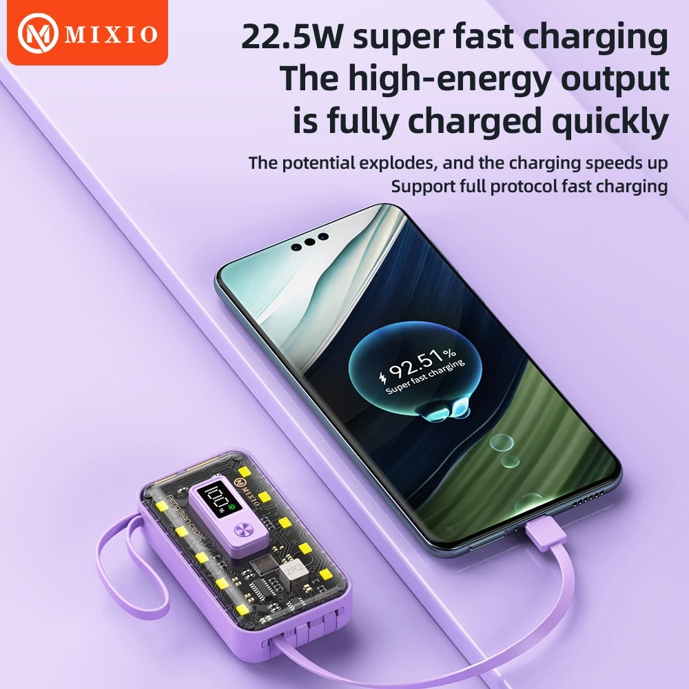 MIXIO MP-02 10000mAh 22.5W Powerbank Transparant With Kabel Fast Charging PD LED (QC4 + PD + VOOC)