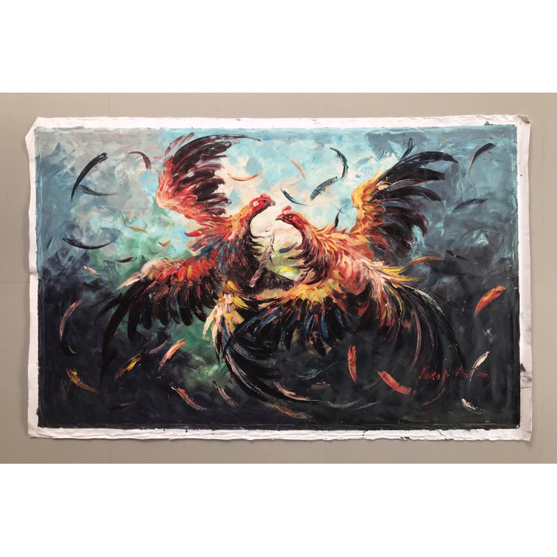 Jual Lukisan Ayam Jago, Ukuran 135 x 85 cm, Lukisan Palet, Lukisan