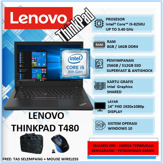 Jual Laptop Lenovo Thinkpad T480 Intel i5 Gen 8 16GB 512GB SSD 14