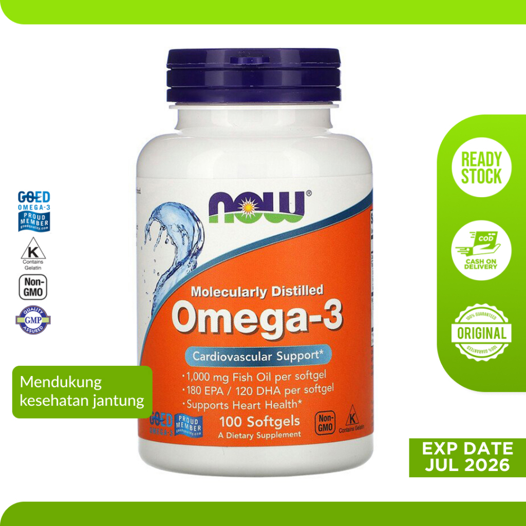 Jual Vitamin Omega 3 1000 mg fish oil 180 EPA 120 DHA Now 100 Softgel Shopee Indonesia