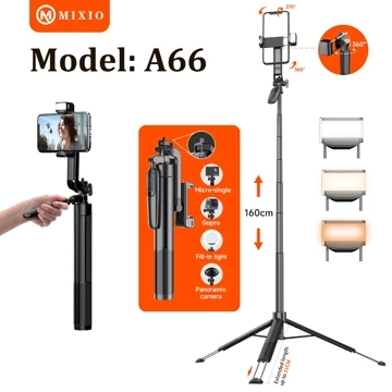 MIXIO A66 160CM Tongsis Bluetooth Selfie Stick Tripod With LED Light
