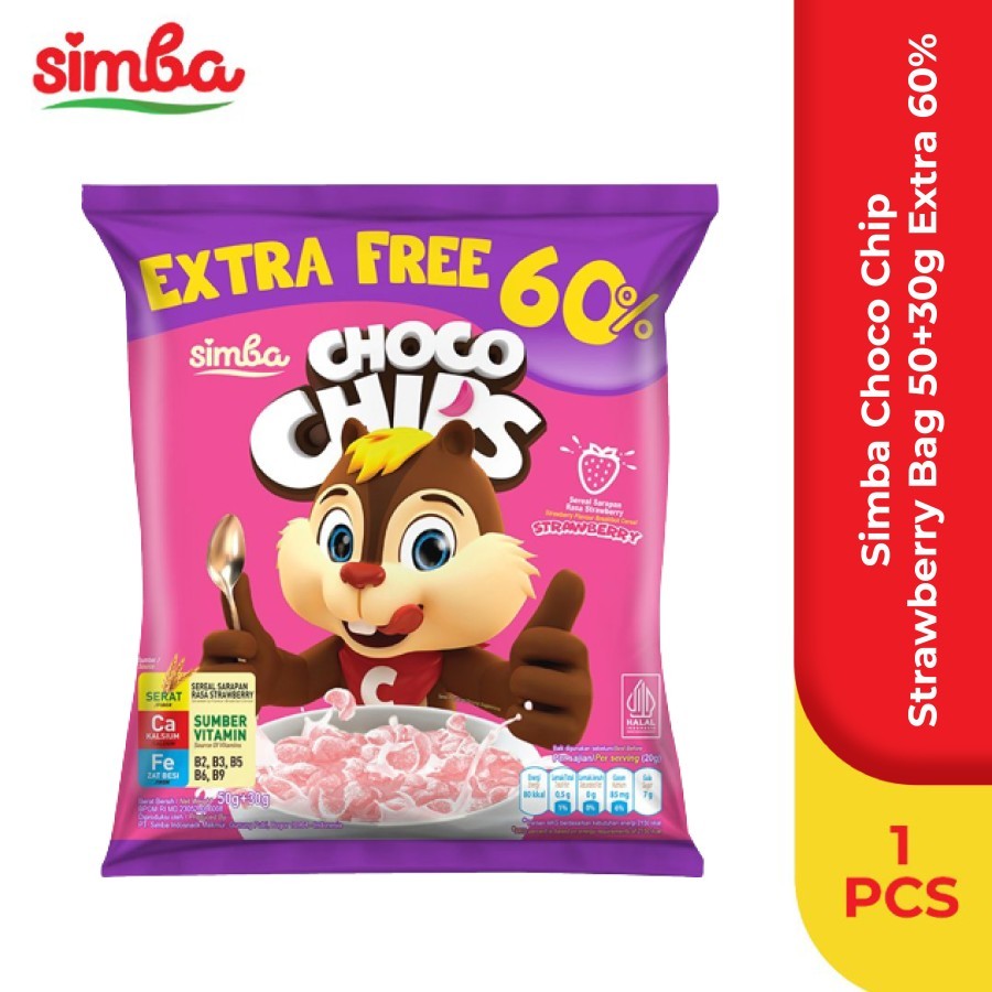 Jual Simba Choco Chips Strawberry Bag 50gr + 30gr Extra 60% | Shopee ...