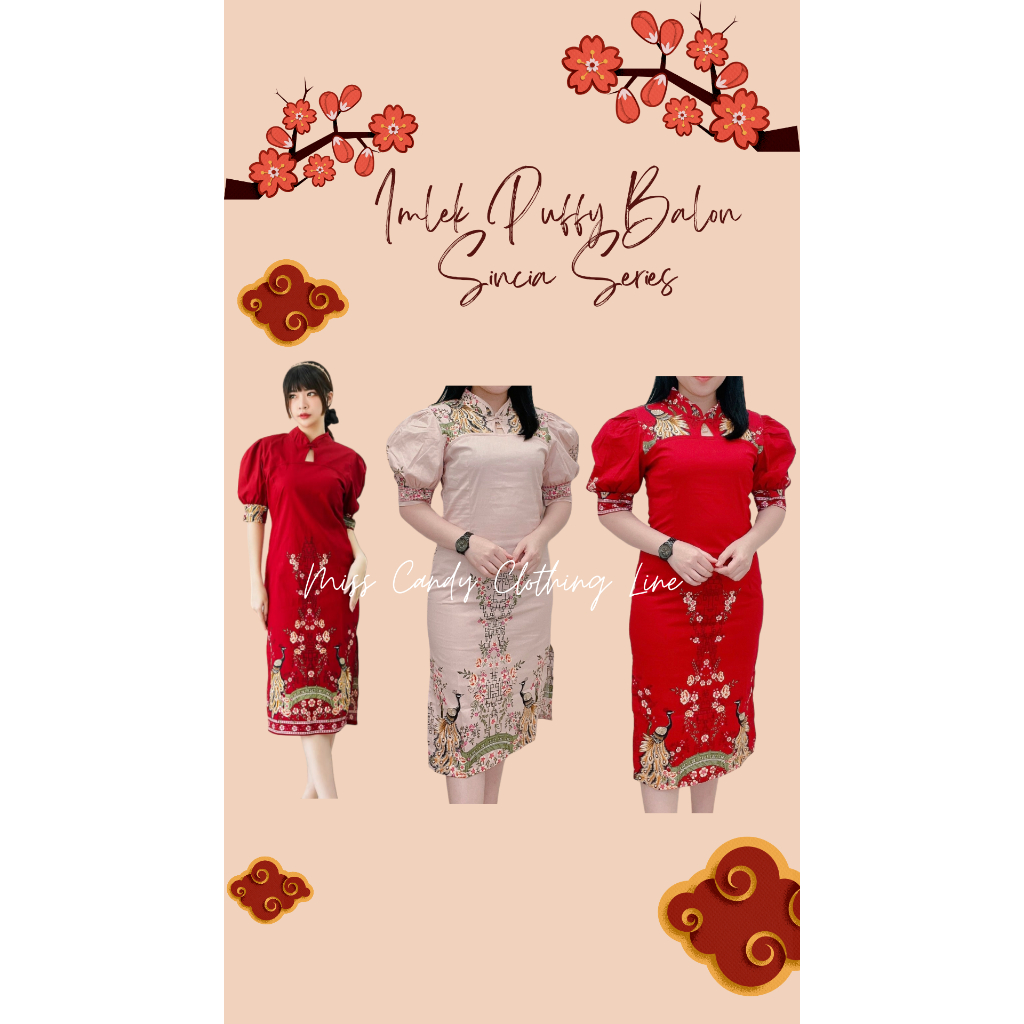 Jual Seragam Batik Imlek Sincia Merah Atasan Dress Cheongsam Lengan Puffy Balon Series Shopee 