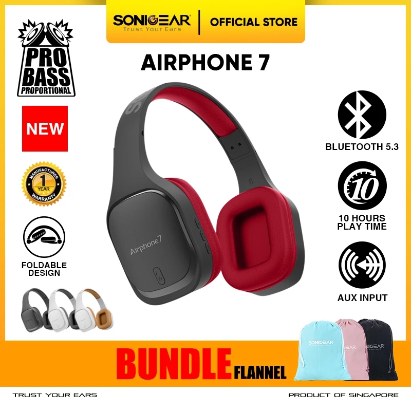 Headset Bluetooth Headphone Wireless SonicGear AirPhone 7 with Mic | Up to 10 Hours PlayTime Bundle Fannel Drawstring Pouch Bag