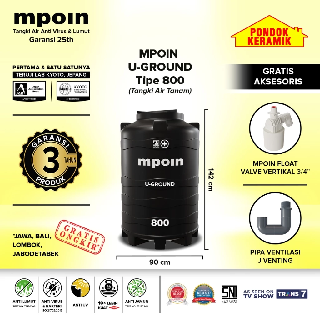 Tandon Mpoin U-Ground 800 Tangki Tandon Air 700 Liter Toren Anti Lumut Garansi 25 Tahun