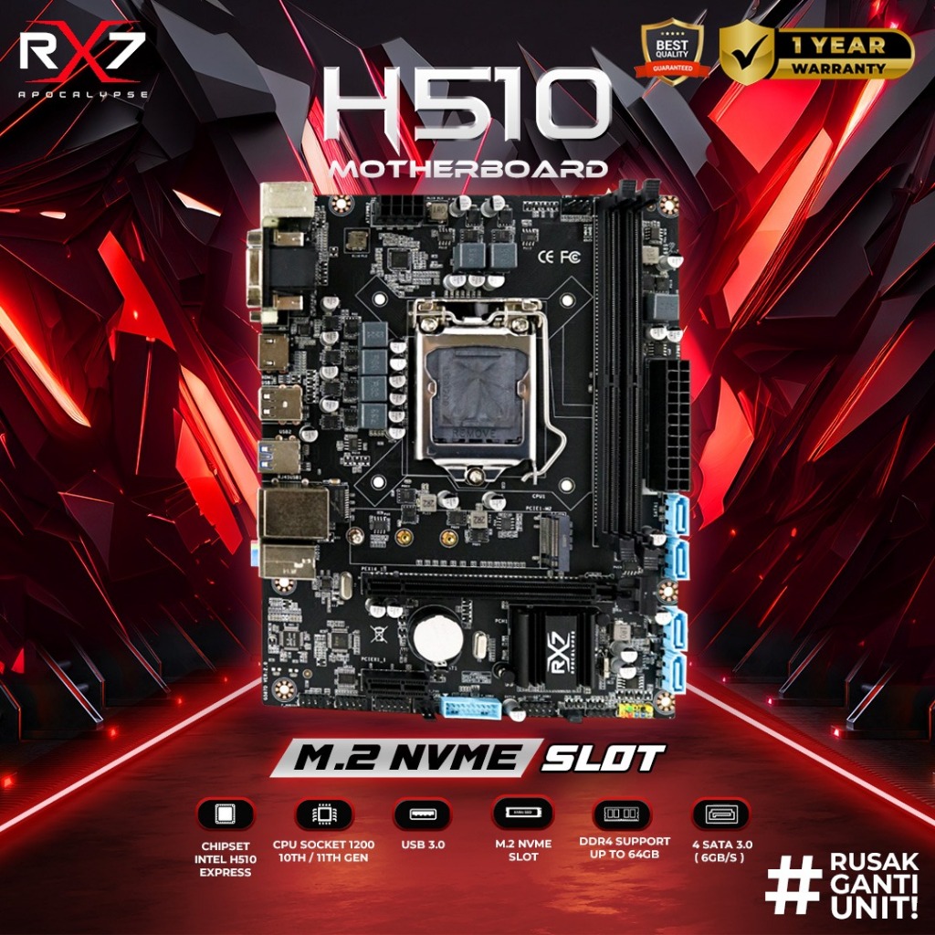 MOTHERBOARD RX7 H510 Socket LGA 1200 DDR4 INTEL SUPPORT NVME