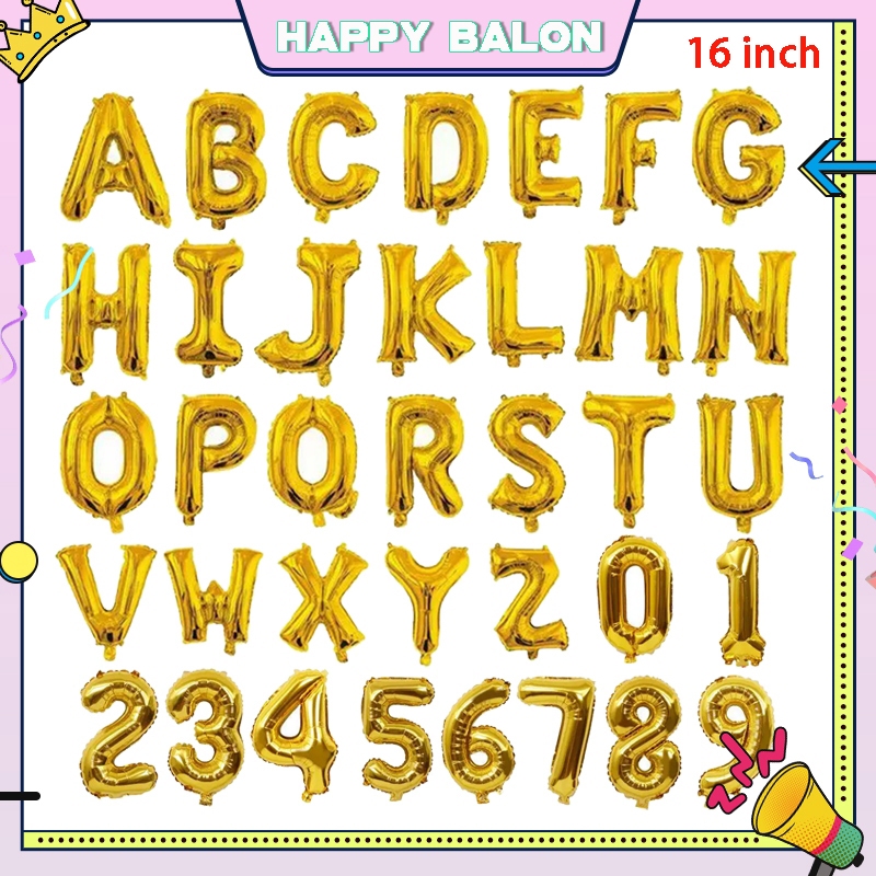Balon Foil Huruf Gold 16 Inch 40cm Abjad Alphabet  A-Z Balon Foil Angka Pink 0-9 Gold(1pcs)