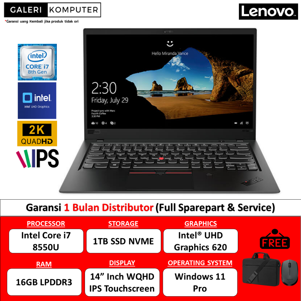 Jual Laptop Lenovo Thinkpad X1 Carbon Intel i7 8550U 16GB 1TB SSD WQHD  Touch Windows 11 Pro | Shopee Indonesia