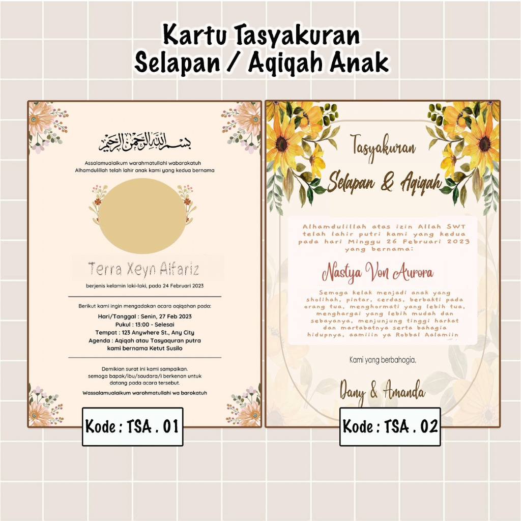 Jual Kartu Tasyakuran Selapan/Aqiqah/7 Bulan kelahiran (Stiker/Non