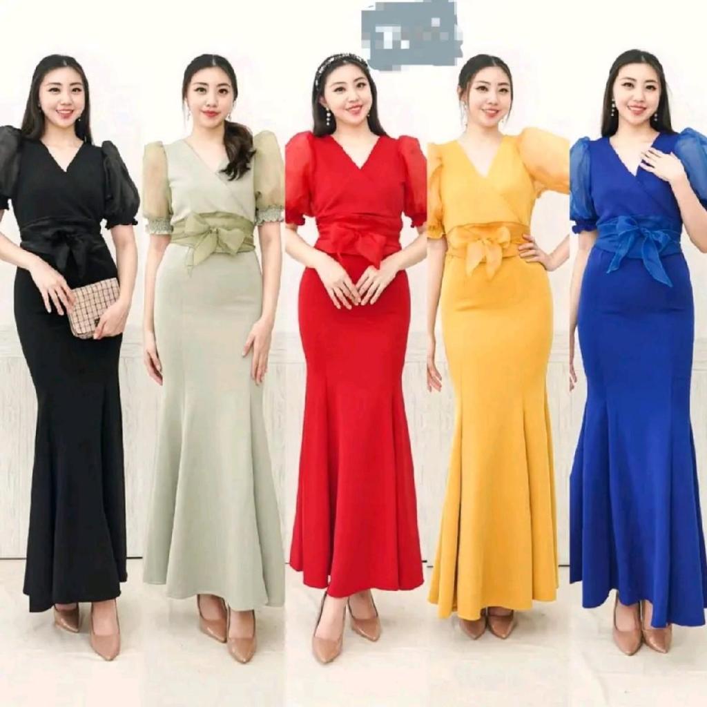 Jual LooWear Dress Pesta Duyung Panjang V Neck Model Terbaru Simple Elegan  Lengan Pendek Organza Outfit Kondangan Modern kekinian | Shopee Indonesia