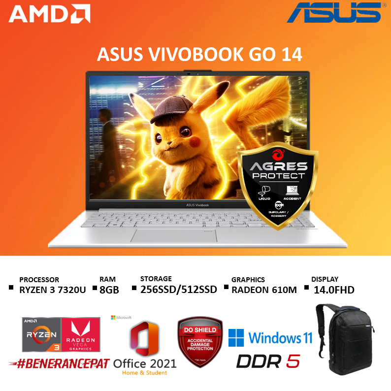 Laptop Asus Vivobook Go 14 E1404FA Ryzen 3 7320U 8GB 256GB SSD Windows 11
