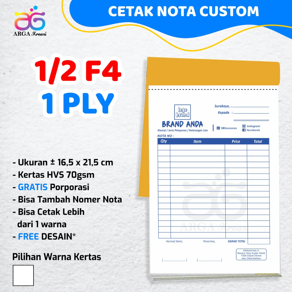Jual Cetak Nota Custom 1/2 F4 / A5 Rangkap 1 Ply NCR Bon Surat Jalan ...