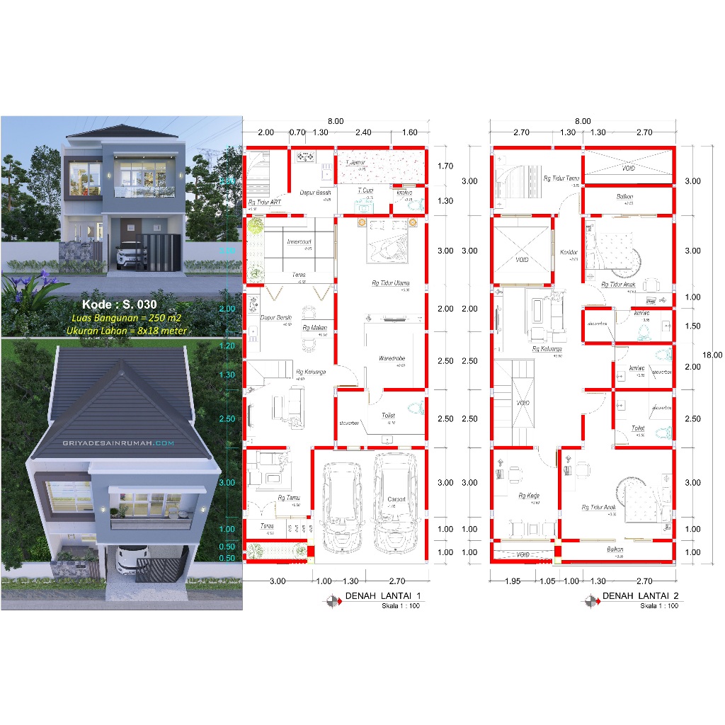 Jual Desain Rumah 2 Lantai Minimalis Sederhana Ukuran Lebar 8x18 Meter