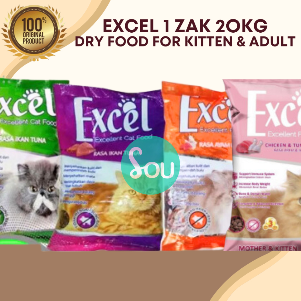 Jual Excel 20kg Cat Food Kitten Adult Excel Food Dry 1 Zak 20 Kg ...