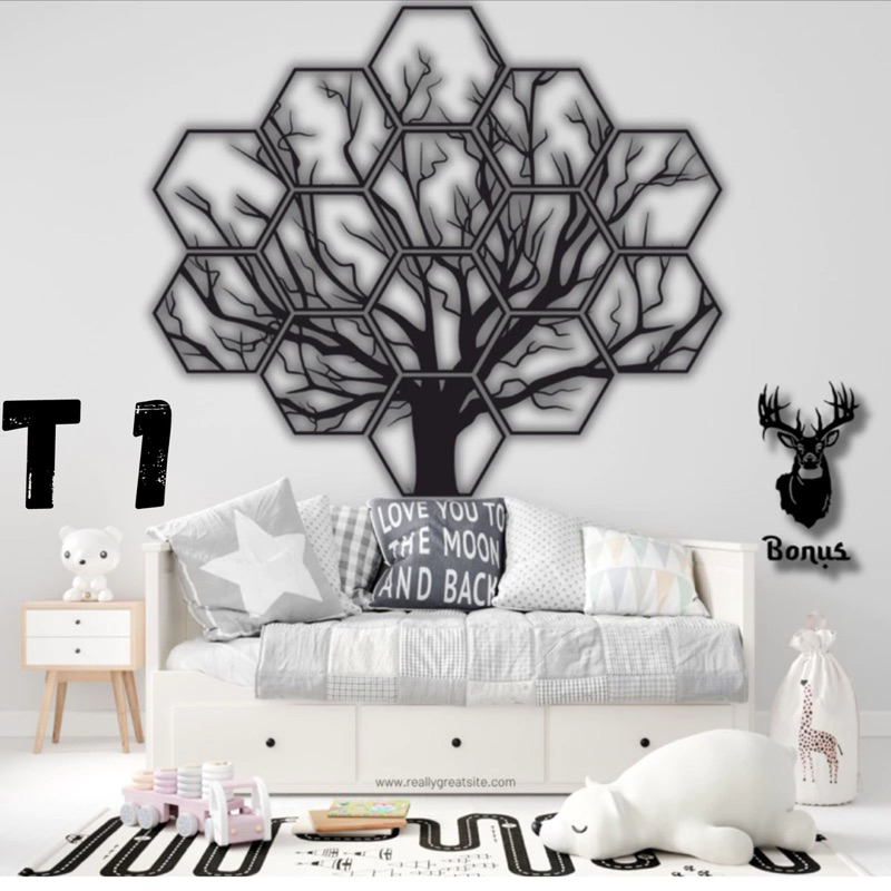 KREASI KAYU Dekorasi Hiasan Dinding Timbul(3D) UKURAN BESAR , PANJANG (120 x 140 CM) Elegan Hexagonal TREE Wall Panel Decor Ukuran Besar/GAMBAR POHON/LASERCUTTING