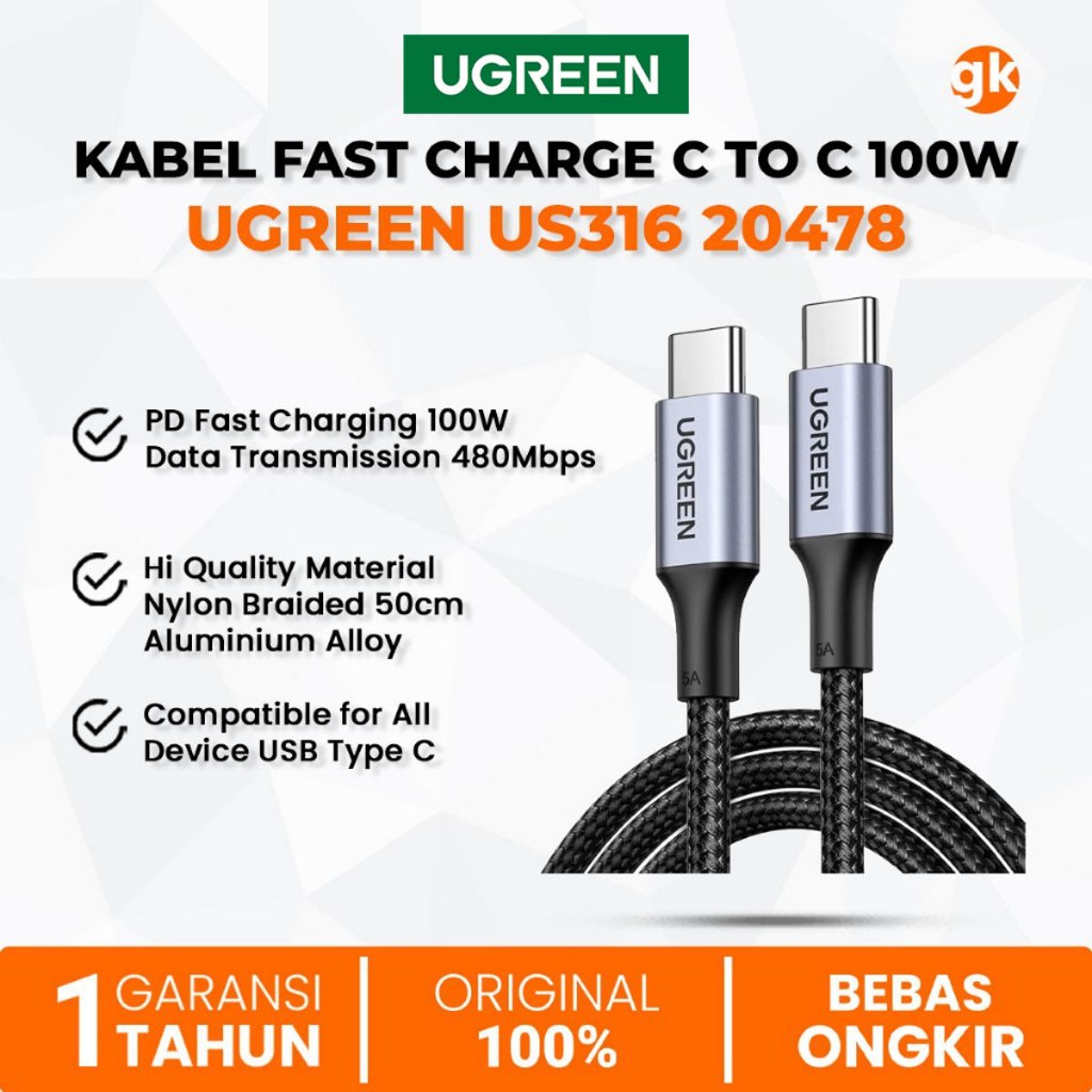 Jual UGREEN US316 Kabel Data Fast Charge PD 100W USB Type C to C 50cm ...