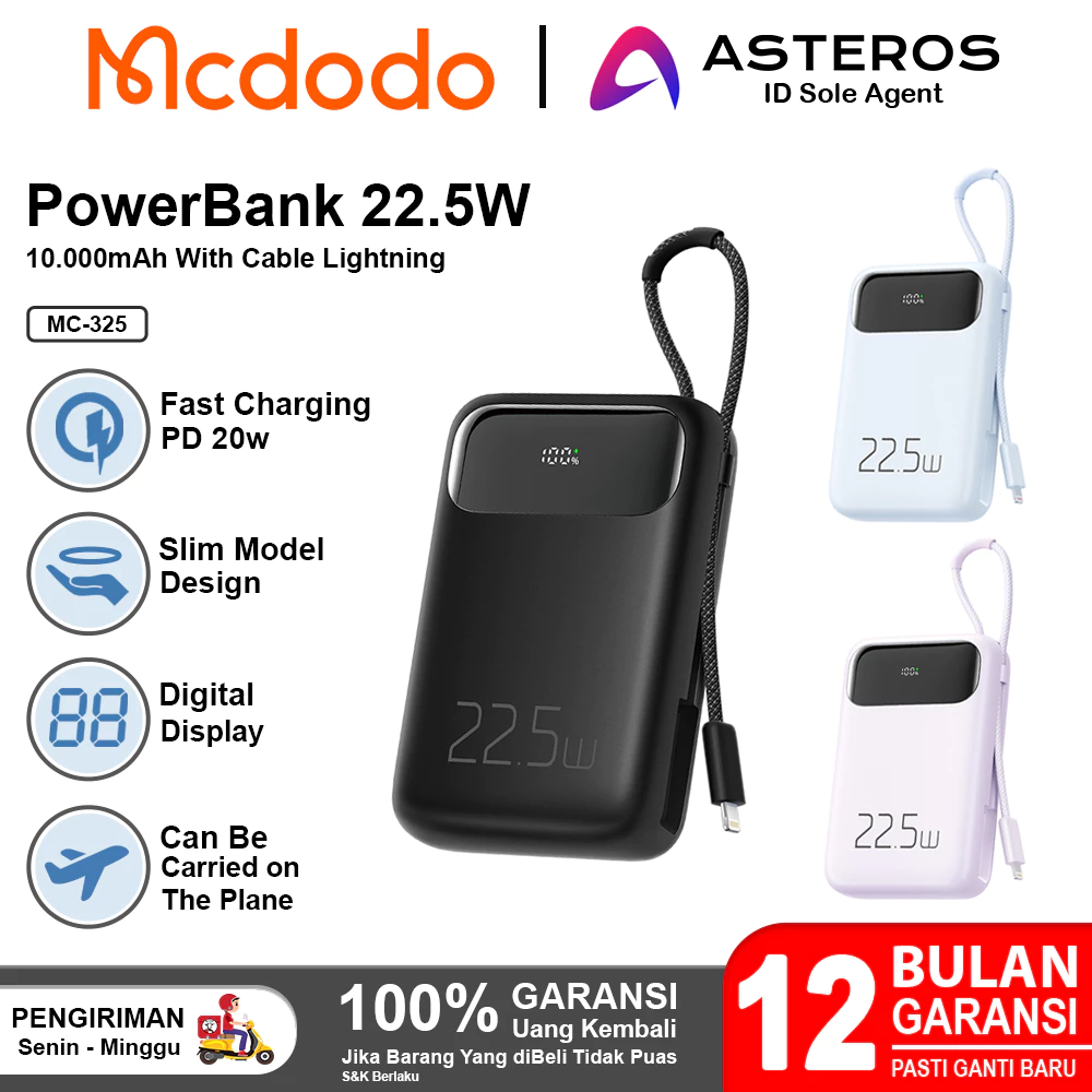 MCDODO Powerbank 10.000mah Fast Charging Built in Cable iPhone MC-3253