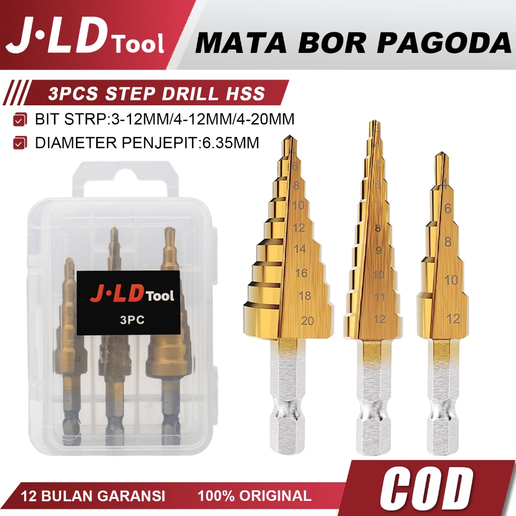 Jual JLD 3PCS Mata Bor Spiral Pagoda HSS Titanium Coating Steel Step ...
