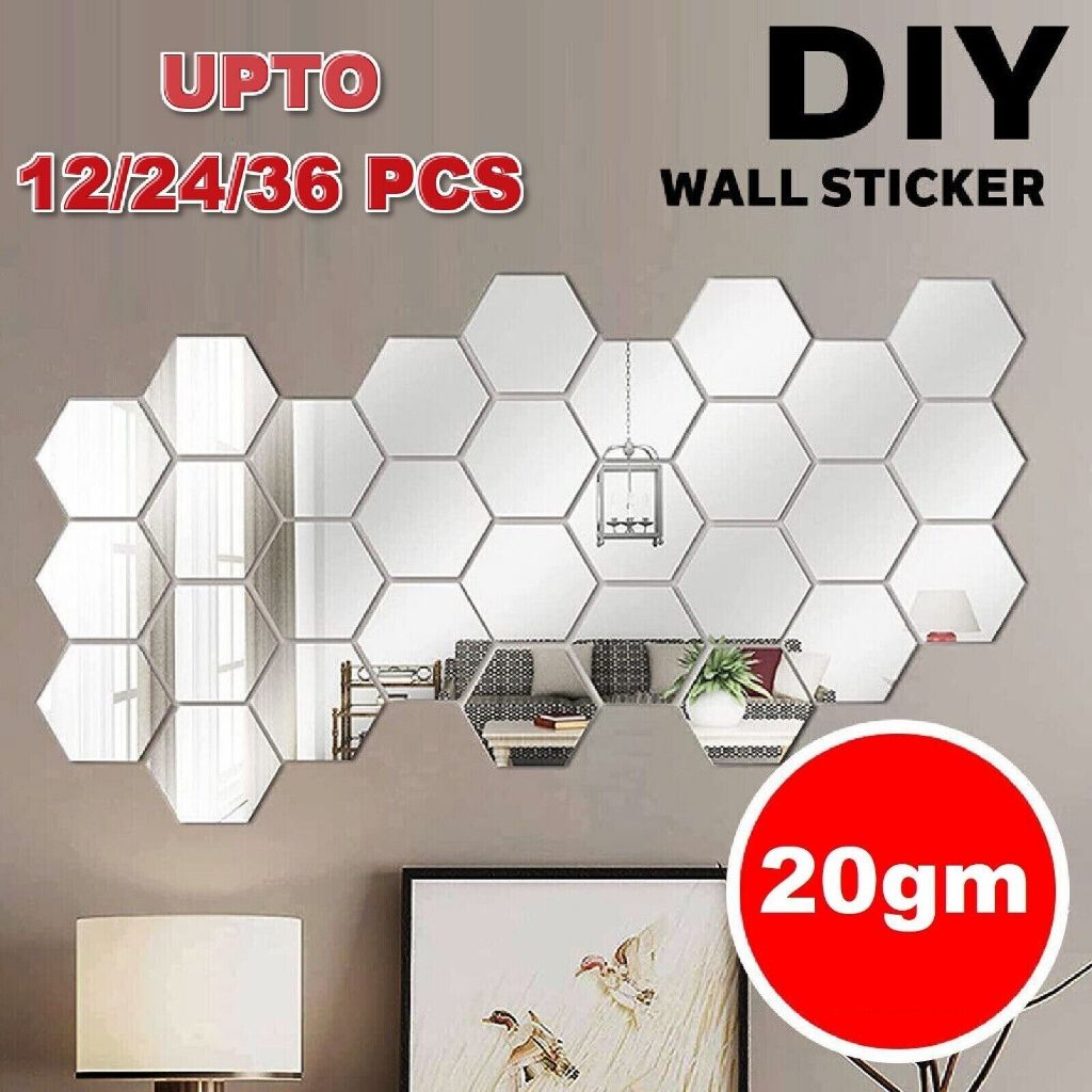 Jual Sticker Cermin Kaca Hexagon Set Dekorasi Hiasan Dinding Mirror