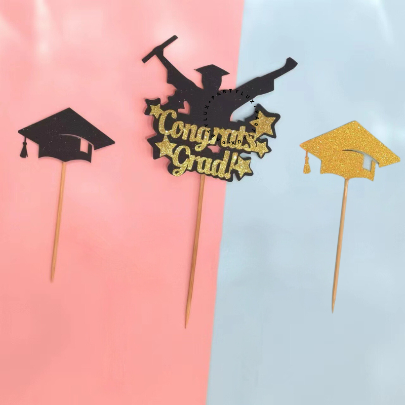 ACRYLIC CAKE TOPPER Happy Graduation Hat Degree Gold Party