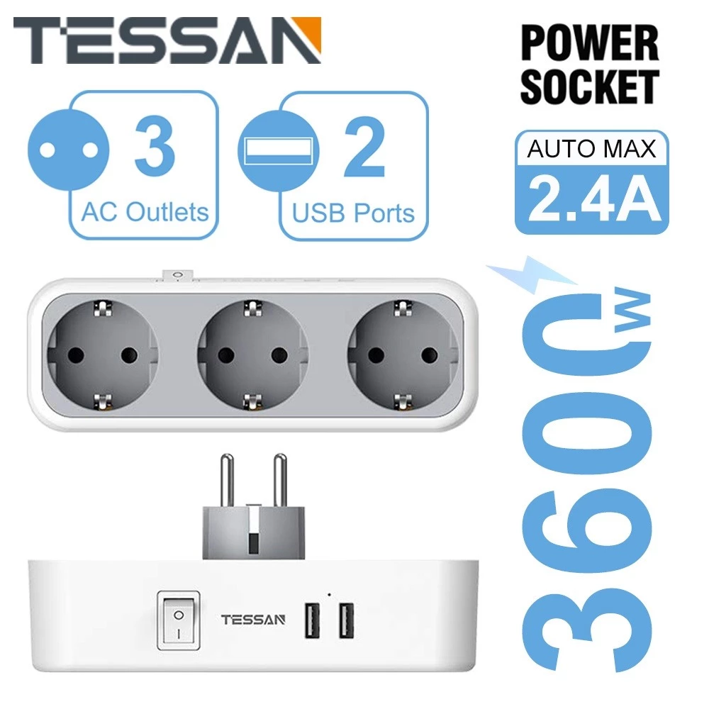 Tessan stop kontak multi outlets expander with tipe c , eu plug