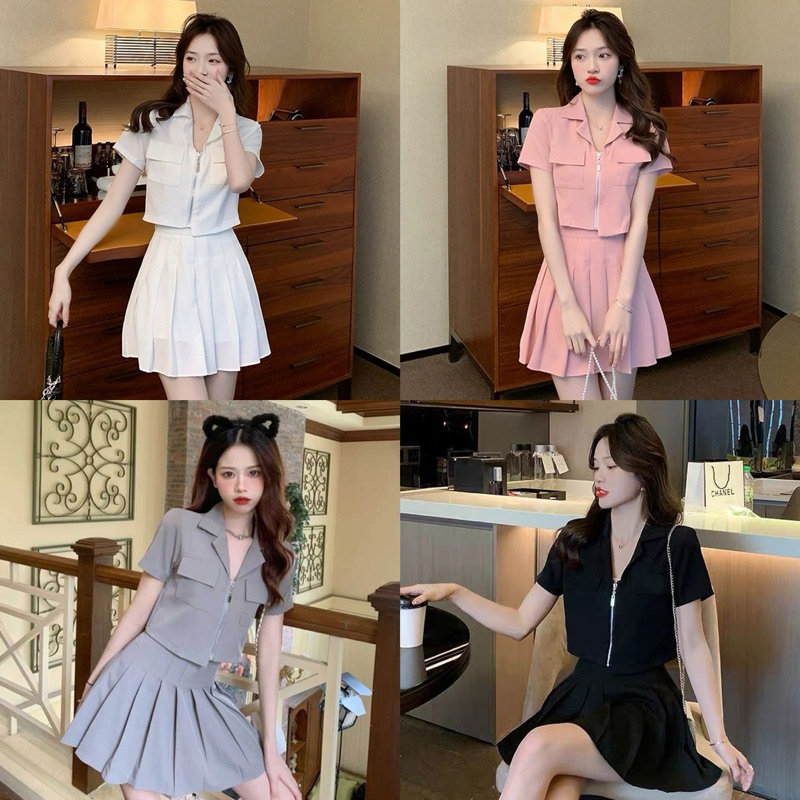 Jual SET1027 VINNIE KOREAN STYLE VINTAGE SETELAN MINI ROK SIMPLE POLOS ...