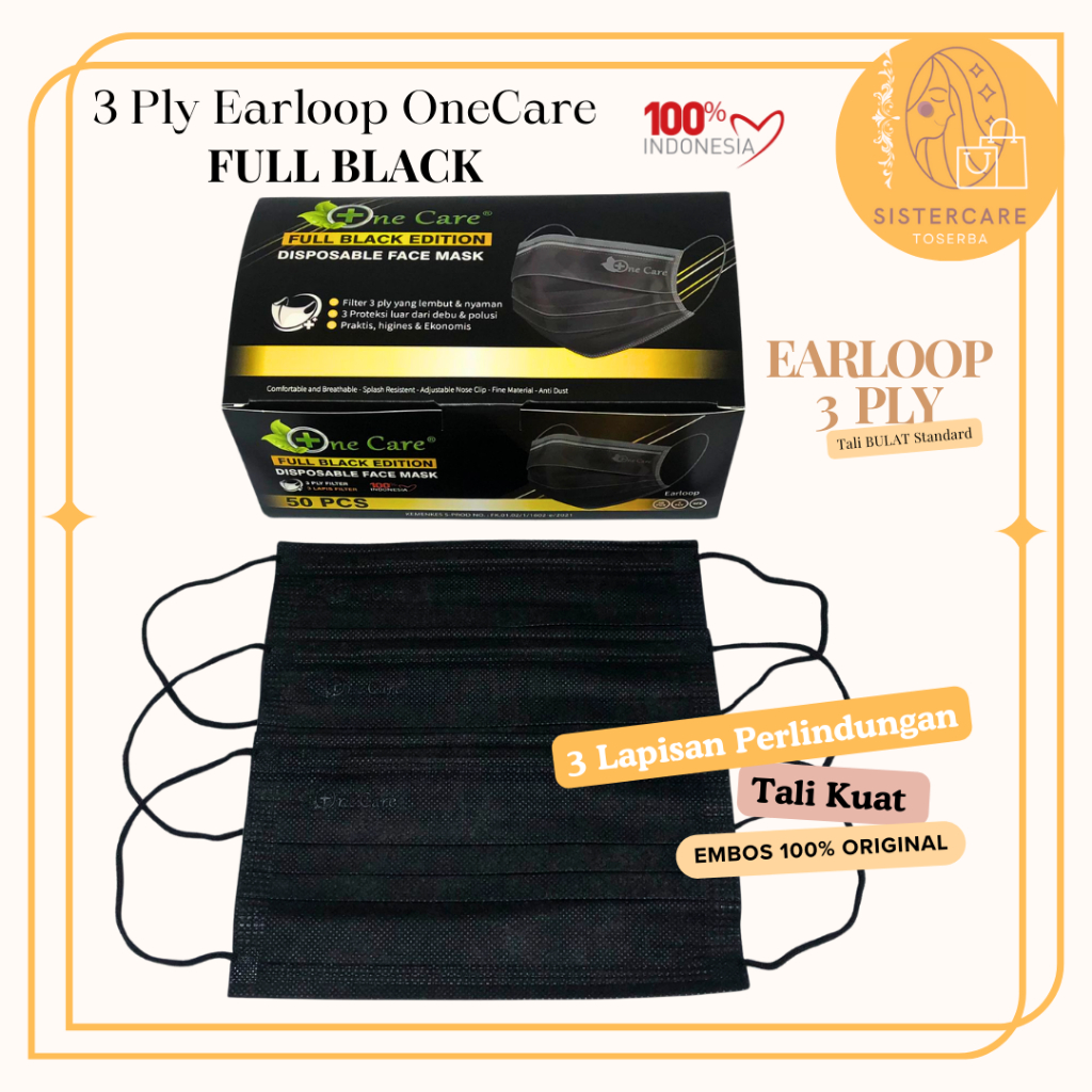Jual SISTERCARE Earloop FULL BLACK 3ply Hitam Onecare Embos Premium ...