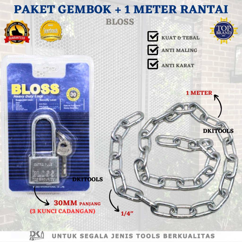 Jual Paket Gembok 30MM BLOSS Panjang + Rantai 1 Meter Kuat Anti Karat ...