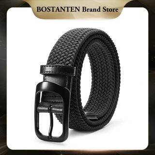BOSTANTEN Sabuk Ikat Pinggang Pria Modis Sederhana Trendi Peregangan Jalinan Tanpa Lubang Hitam