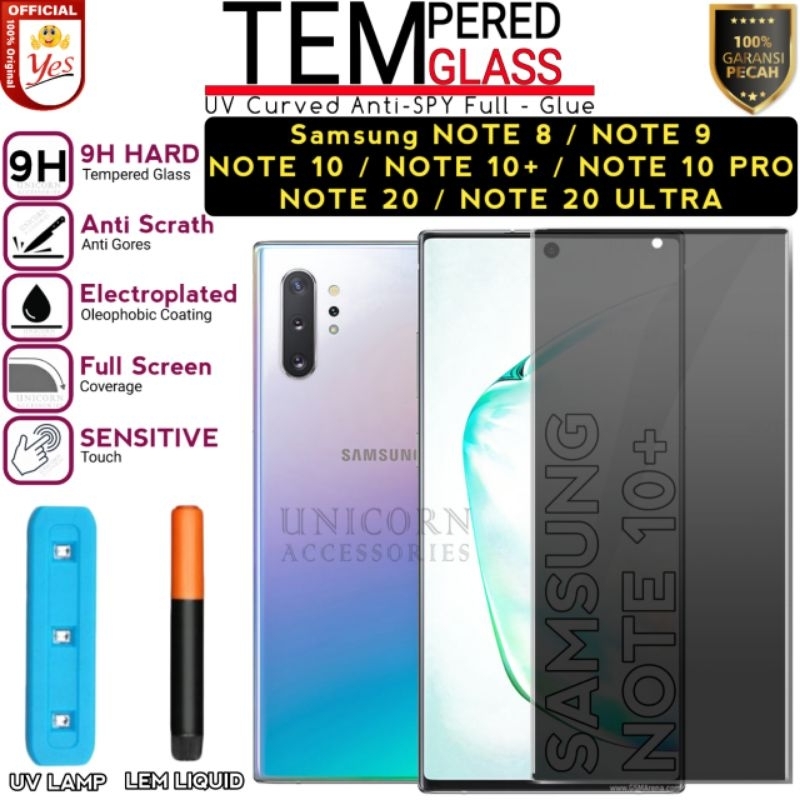 UV Anti Spy Samsung Note 10 Pro 10+ 20 Ultra Tempered Glass Anti SPY  Privacy UV Nano Liquid Full Cover Glue Anti Gores kaca Full Lem