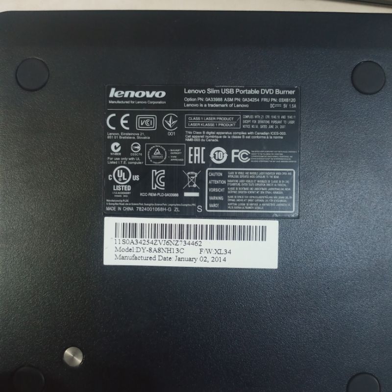 Graveur DVD/CD USB Lenovo 0A33988 - Slim, Portable, USB 2.0 - Vitesse 24x CD, 8x DVD - Poids 250g