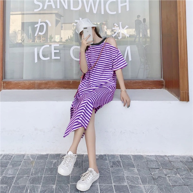 Jual ribs striped long dress jumbo maxi dress wanita korea