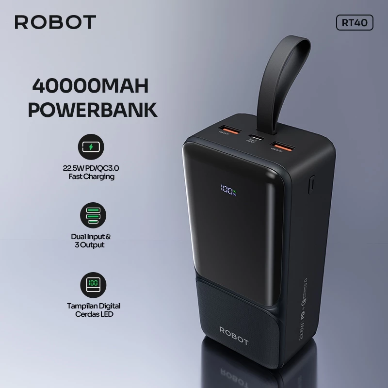 ROBOT Powerbank Fast Charging 22.5W 40.000mAh Real Capacity 3 Port USB Type C RT40 Original - Garansi 1 Tahun