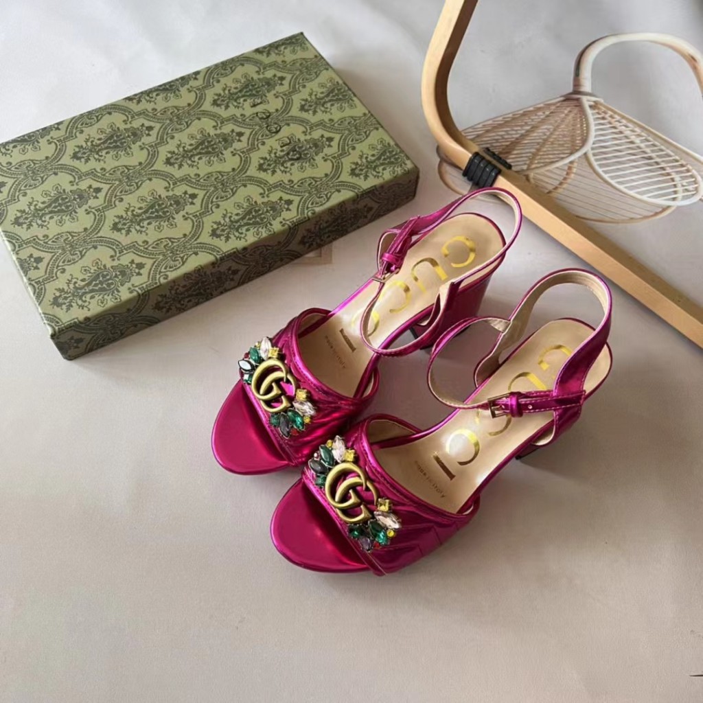 Original authentic Brand Gucci 2024 Summer New Color Diamond Buckle Thick Heel Sandals High Heels