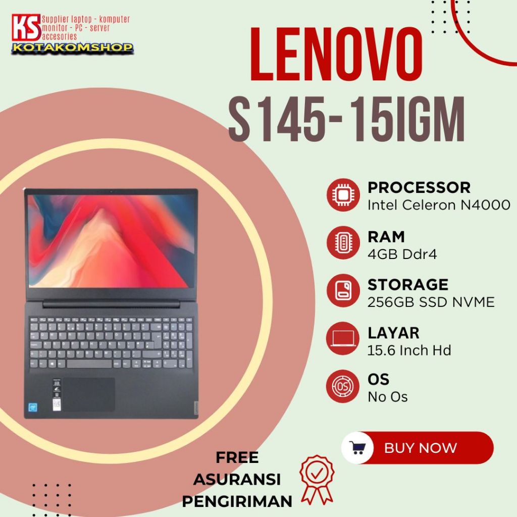 LAPTOP LENOVO S145-15IGM INTEL N4000 RAM 4GB SSD 256GB SLOT HDD HD  LAPTOP PELAJAR MURAH