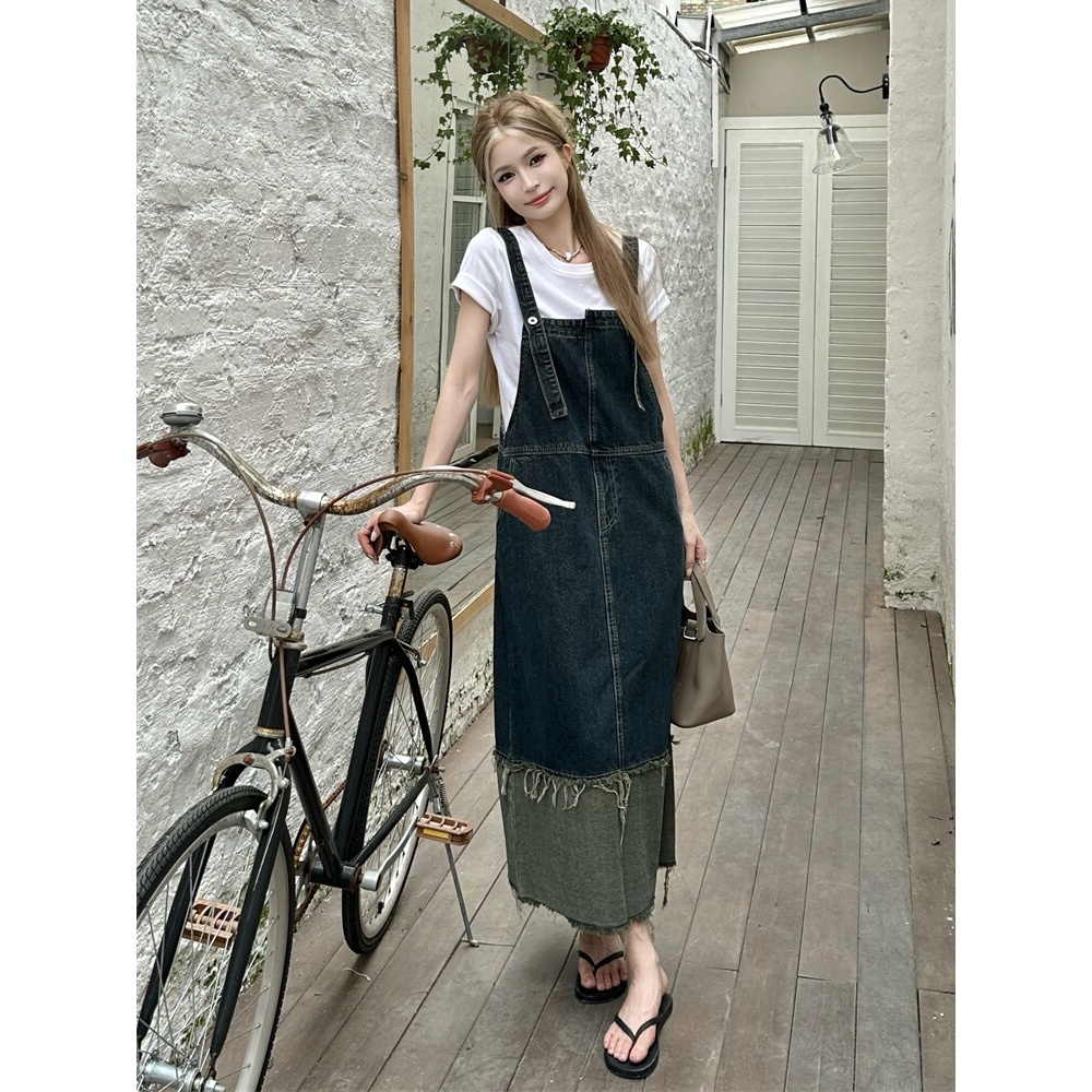 Jual Overall Denim Rok Panjang Wanita Splicing Contrasting Colors Jumbo ...