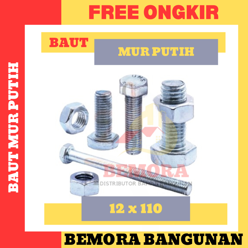 Jual Baut Mur Putih / BMP / Galvanized Plated Bolt & Nut M 12 x 110 ...