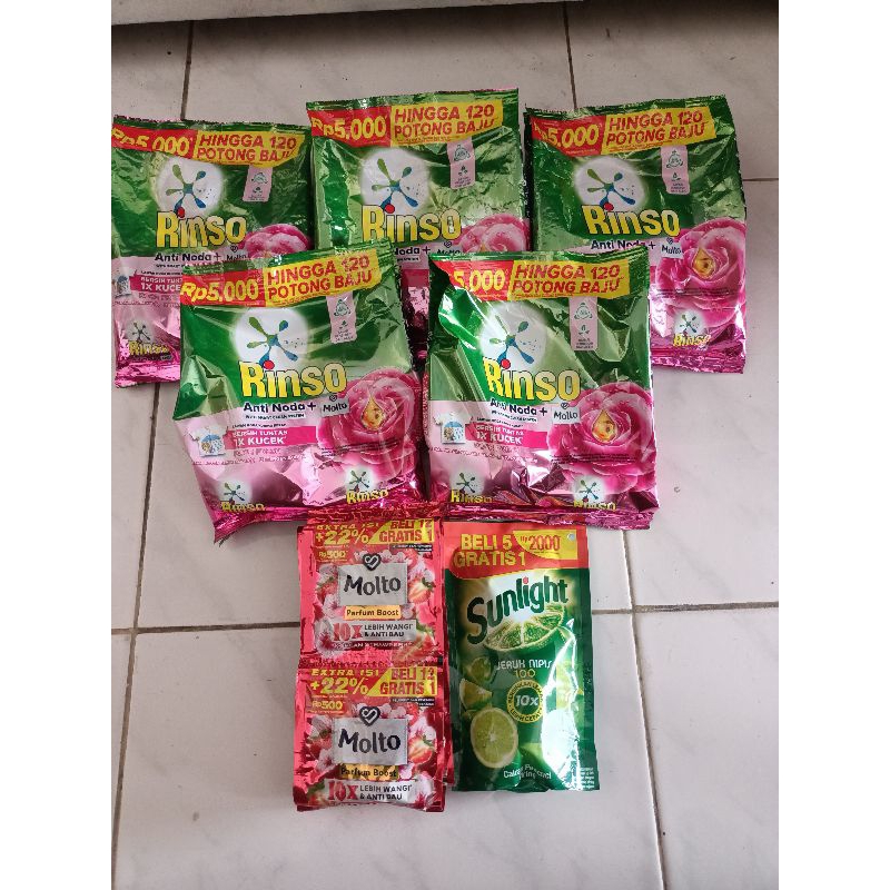 Jual PAKET DETERGENT RINSO 195GRAM 5 PCS + MOLTO 1 RENTENG + SUNLIGHT ...