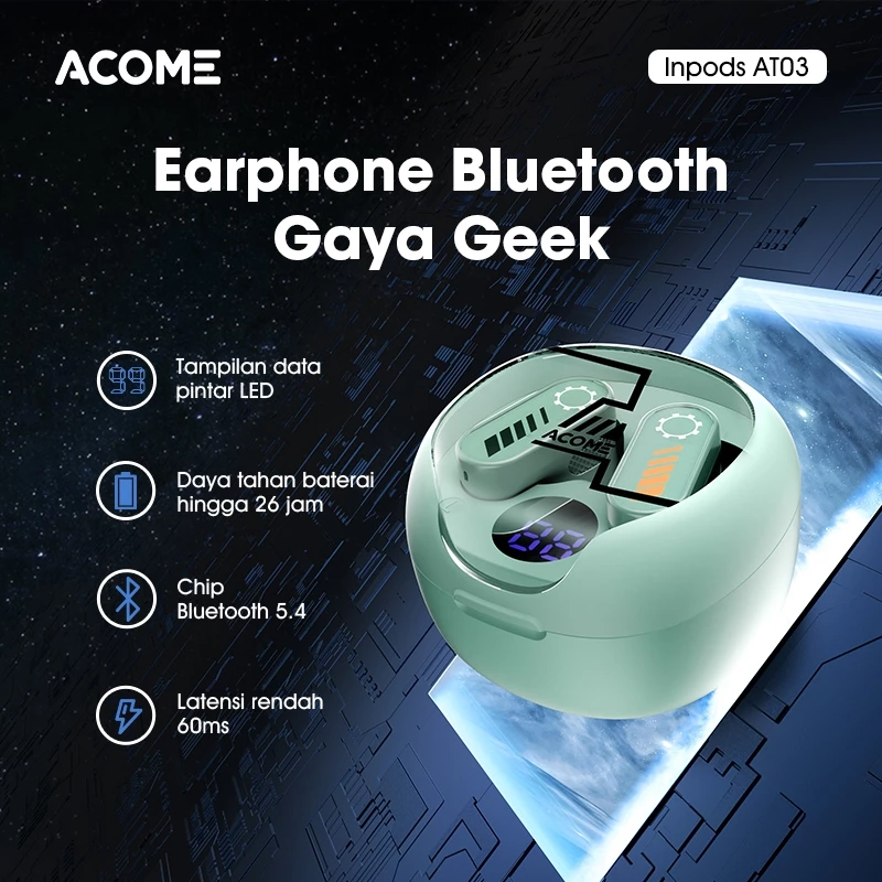 ACOME TWS Bluetooth 5.4 AT03 Gaya Geek Headset Earphone Tampilan Layar Pintar LED Latensi Rendah 60ms Original