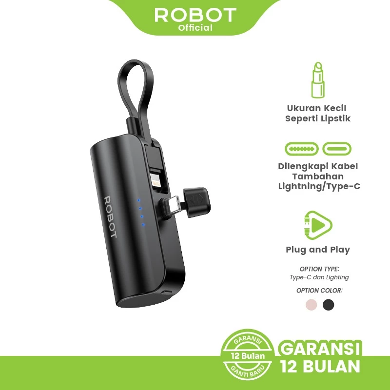 Robot Mini Powerbank 4500mAH RP-051L /RP-051C Port Type-C Lightning Travel Size Garansi 1 Tahun
