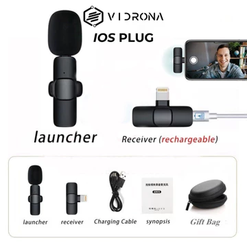 VIDRONA Mic Wireless Clip On Microphone Lavalier HP Plug Play Mic Konten Vlog Video Streaming